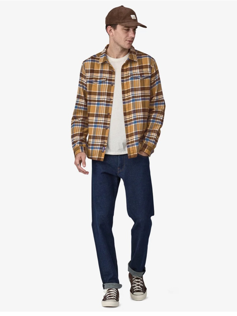 Patagonia Tan Blue Plaid Fjord Flannel Button Down Shirt Eclipse XL